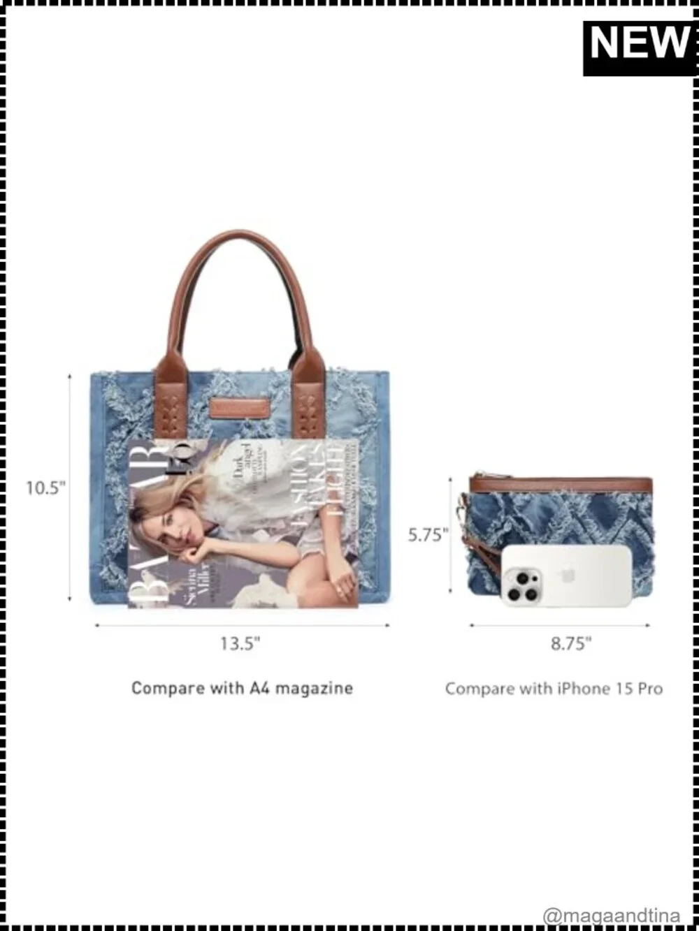 Denim Tote Bag Quilted Diamond Vegan Leather Satchel with Wristlet